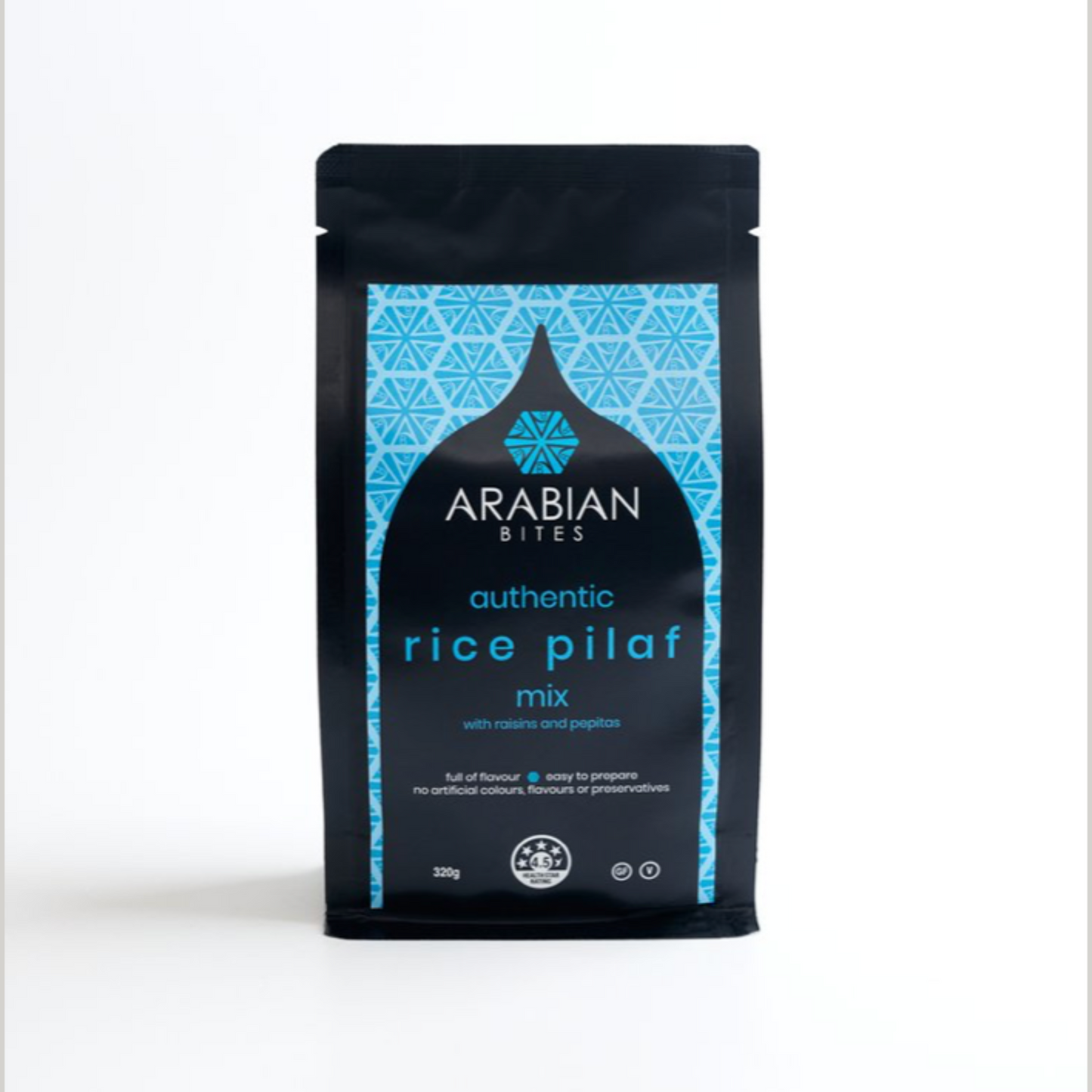 Aromatic rice blend with raisins, pepitas, cinnamon, cumin, and nutmeg.