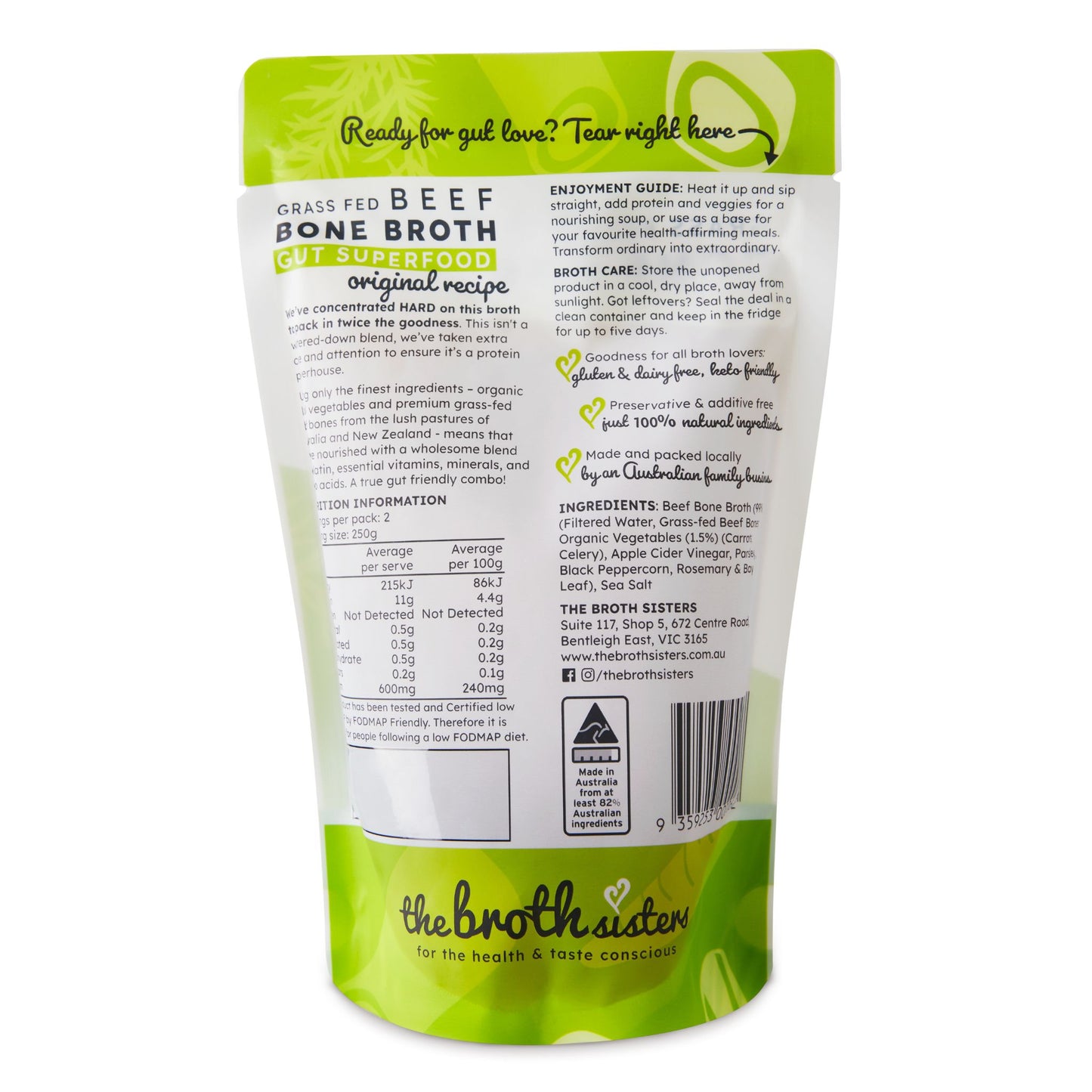 Nutrition Information Panel for High Protein Grass Fed Beef Bone Broth