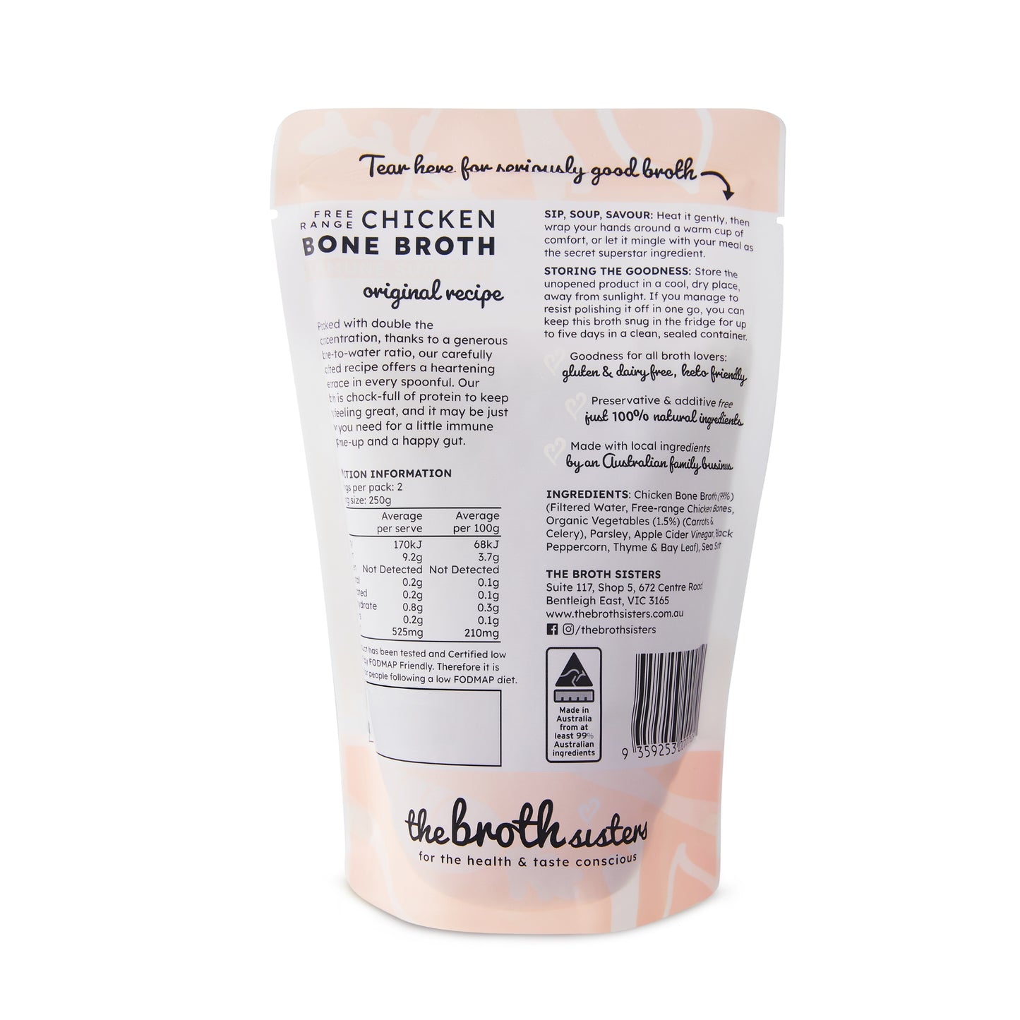 Premium free range chicken bone broth, FODMAP certified, 500g pouch