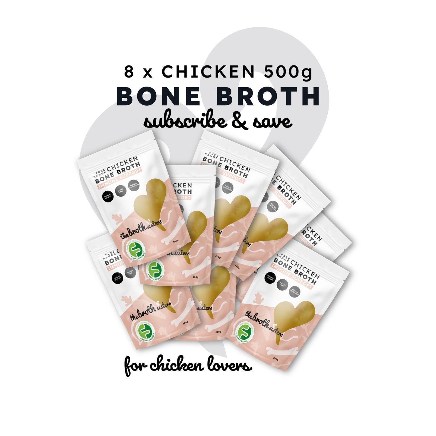 Free-range chicken bone broth subscription, 8x500g pouches, Australia.