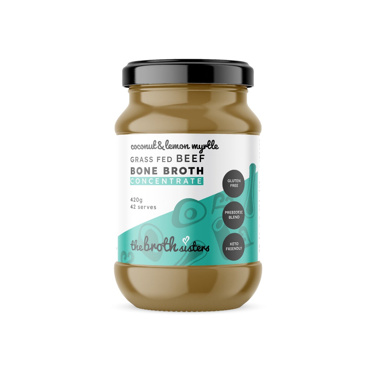 Prebiotic coconut & lemon myrtle bone broth concentrate, gut-friendly.