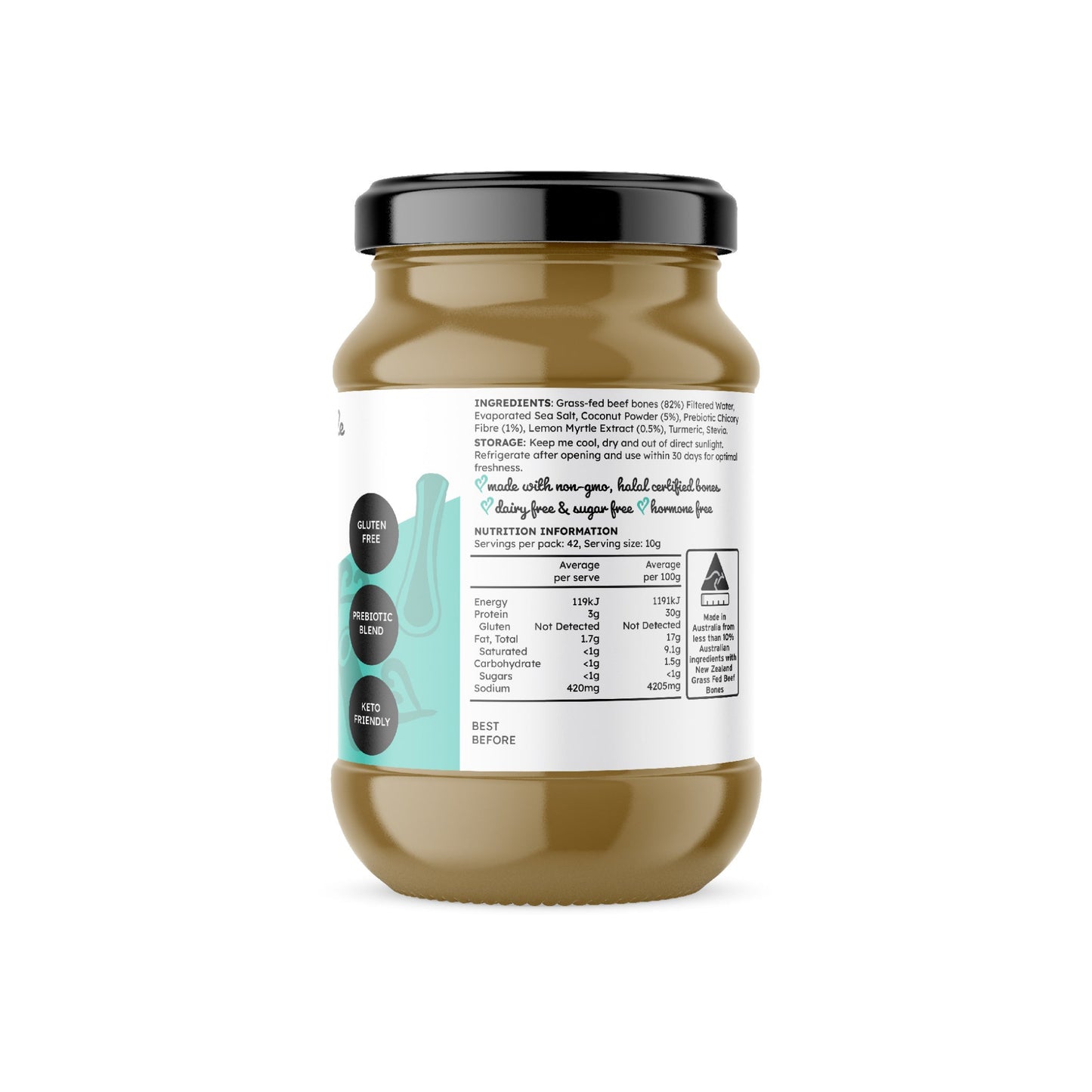 Prebiotic coconut & lemon myrtle bone broth concentrate, gut-friendly.