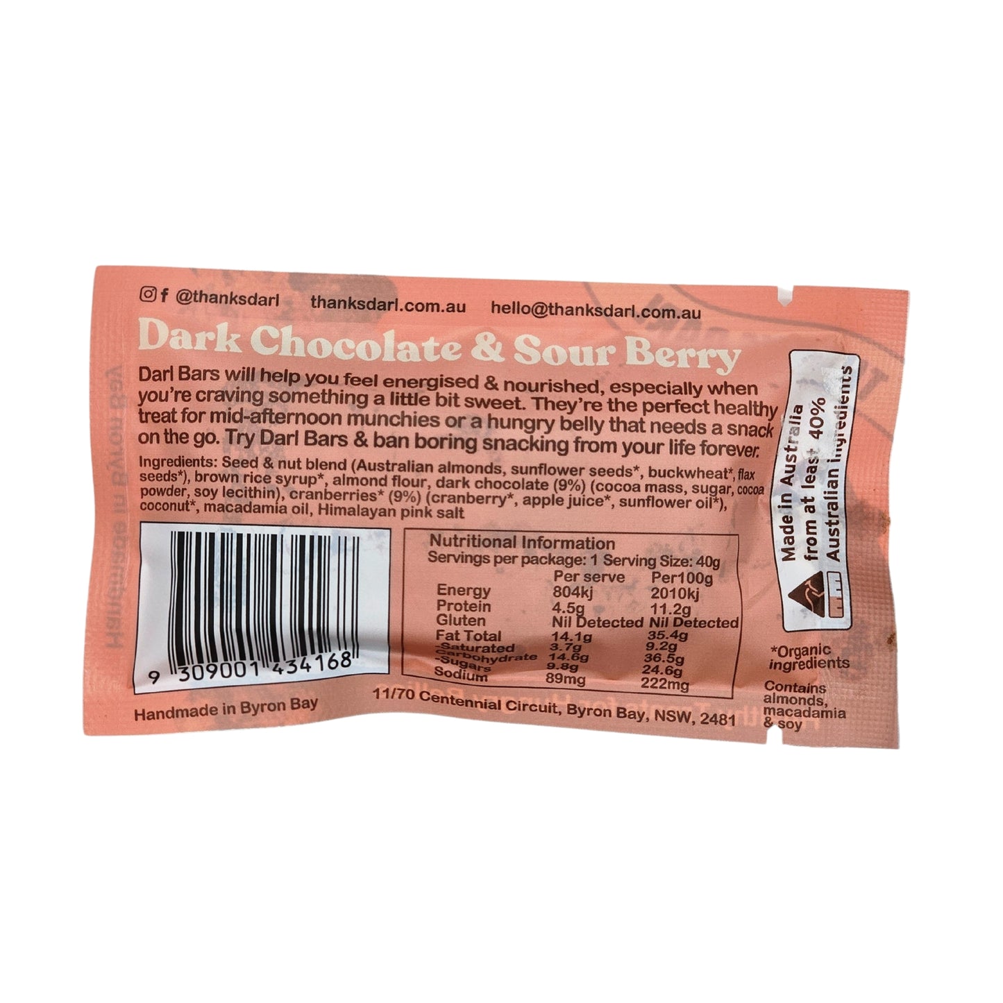 Dark chocolate & sour berry muesli bar, gluten-free and vegan-friendly.