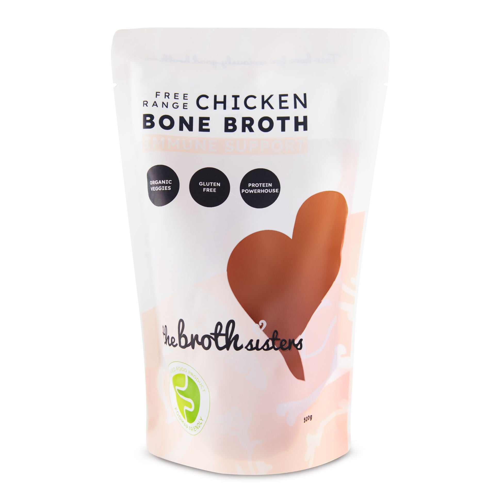 Premium free range chicken bone broth, FODMAP certified, 500g pouch