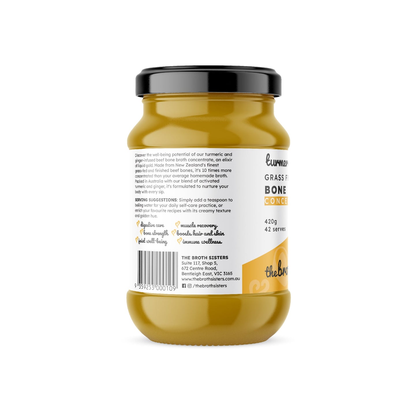 Turmeric and ginger-infused beef bone broth concentrate, grass-fed, 375g.