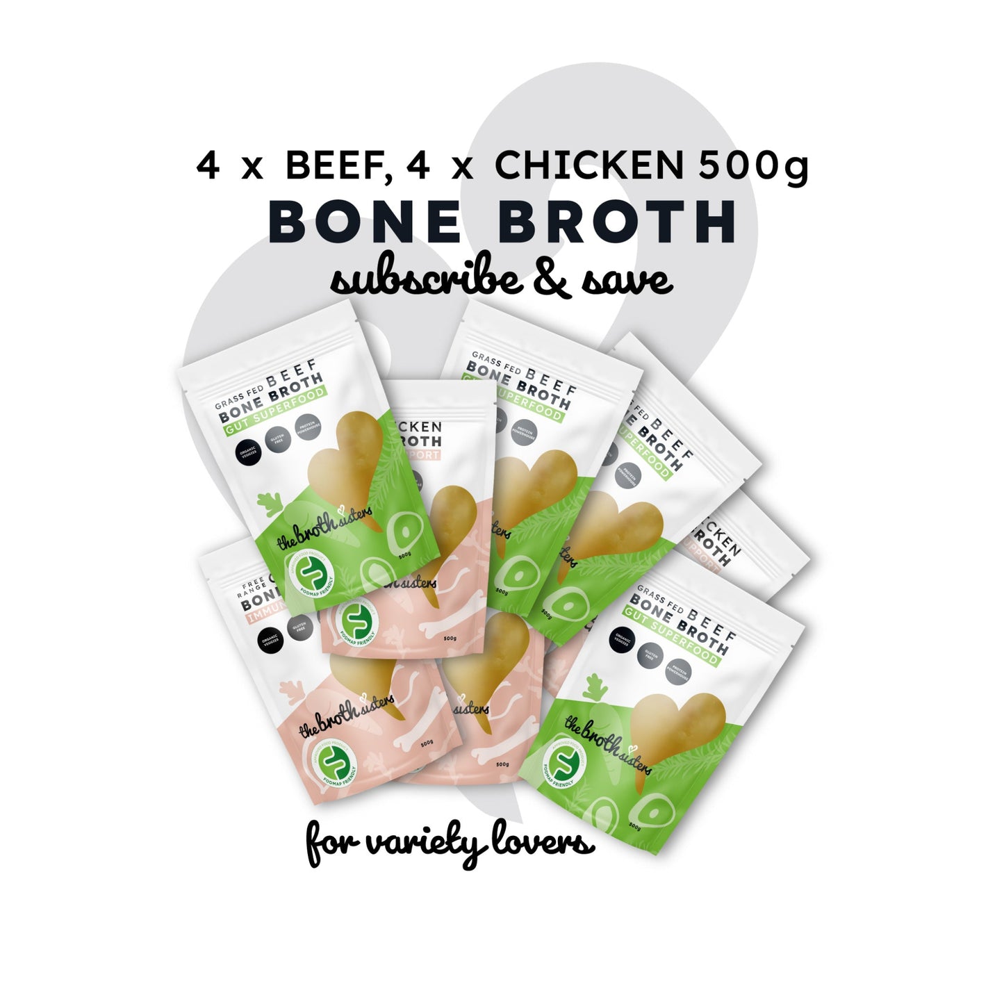 Grass-fed beef and free-range chicken bone broth subscription, 8x500g.