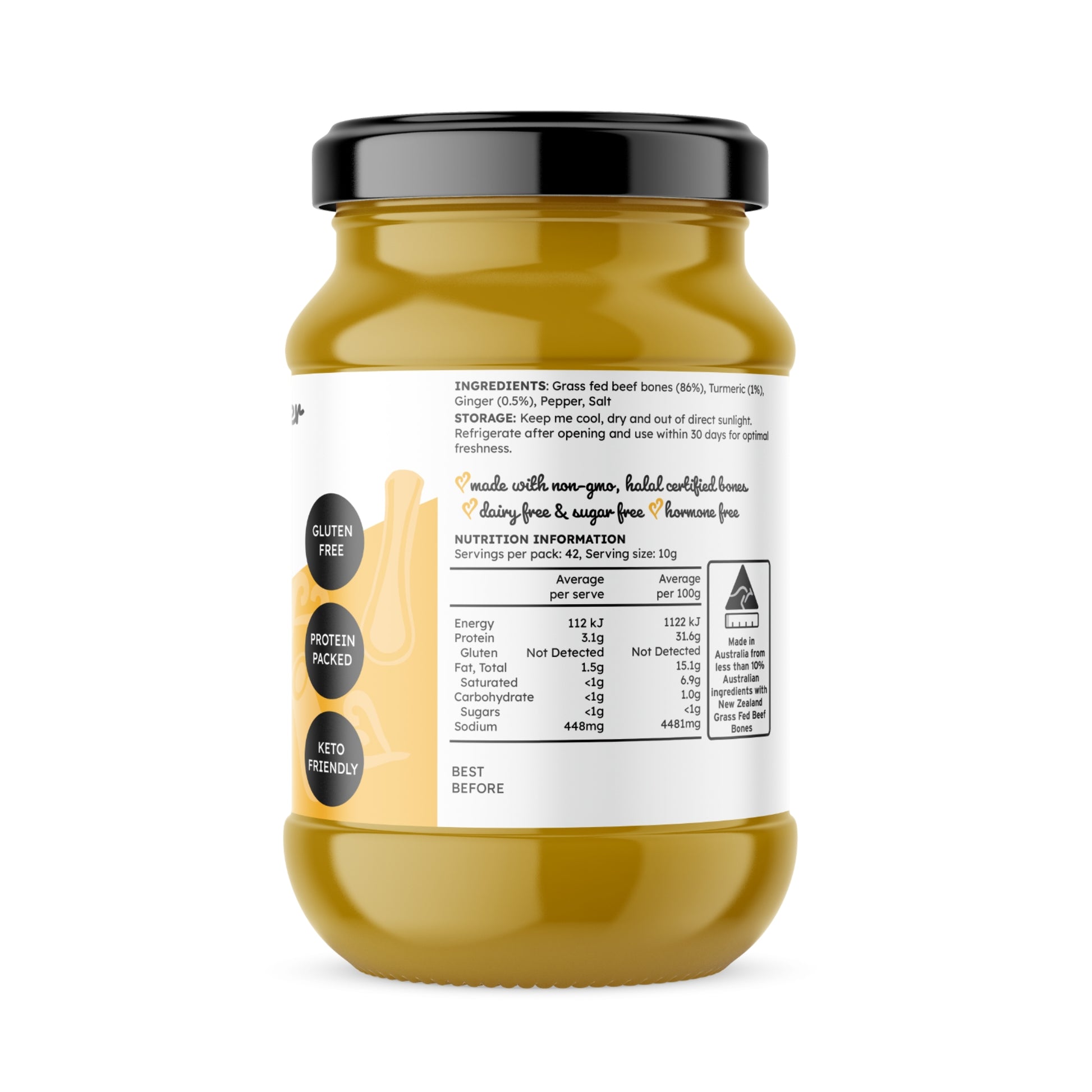 Turmeric and ginger-infused beef bone broth concentrate, grass-fed, 375g.