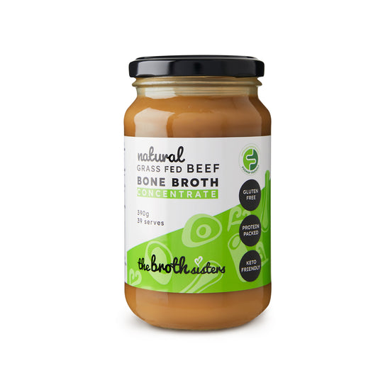 Natural beef bone broth concentrate, 390g jar, 39 serves, nutrient-rich.