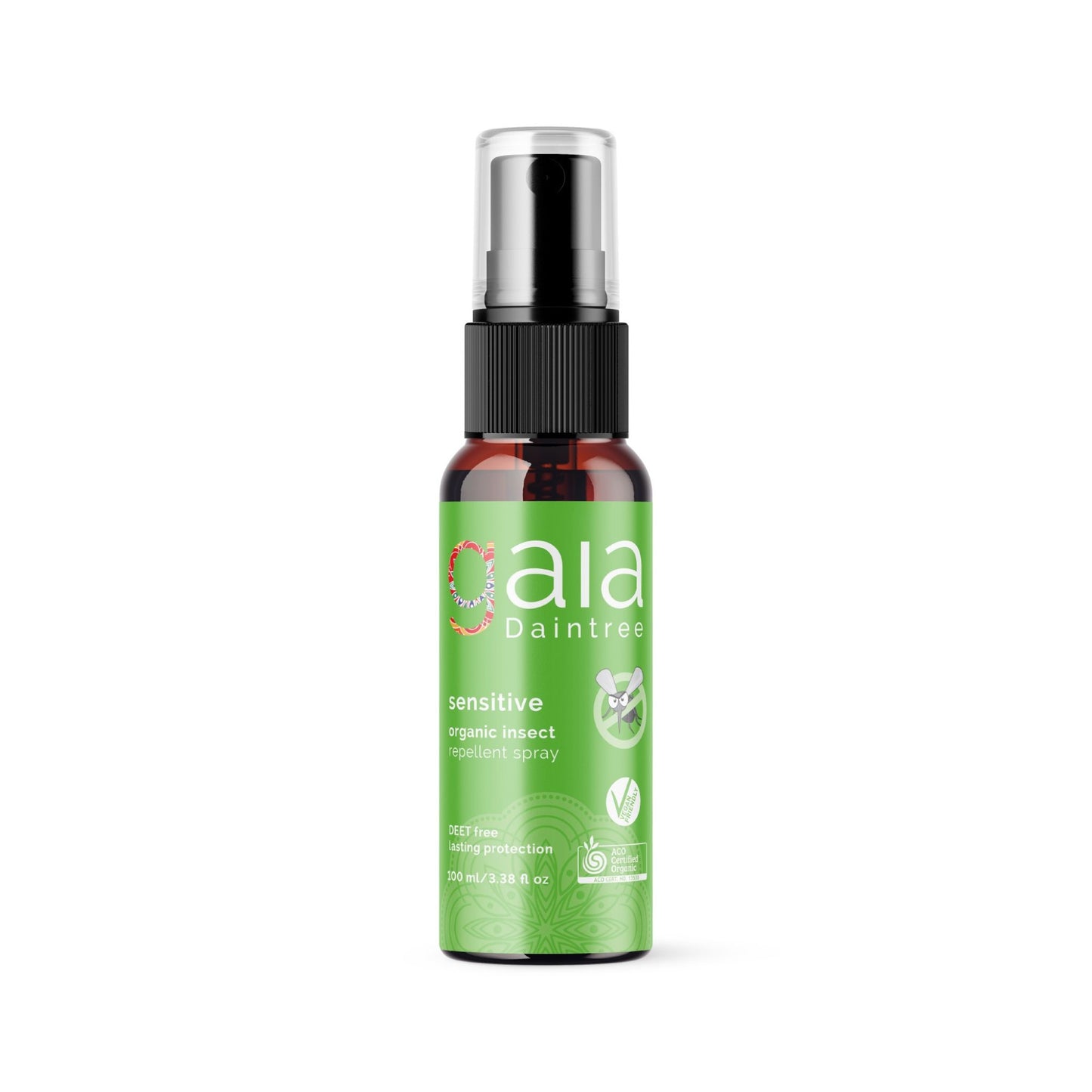 Green bottle of natural DEET free insect repellent spray 100ml for sensitive skin on white background