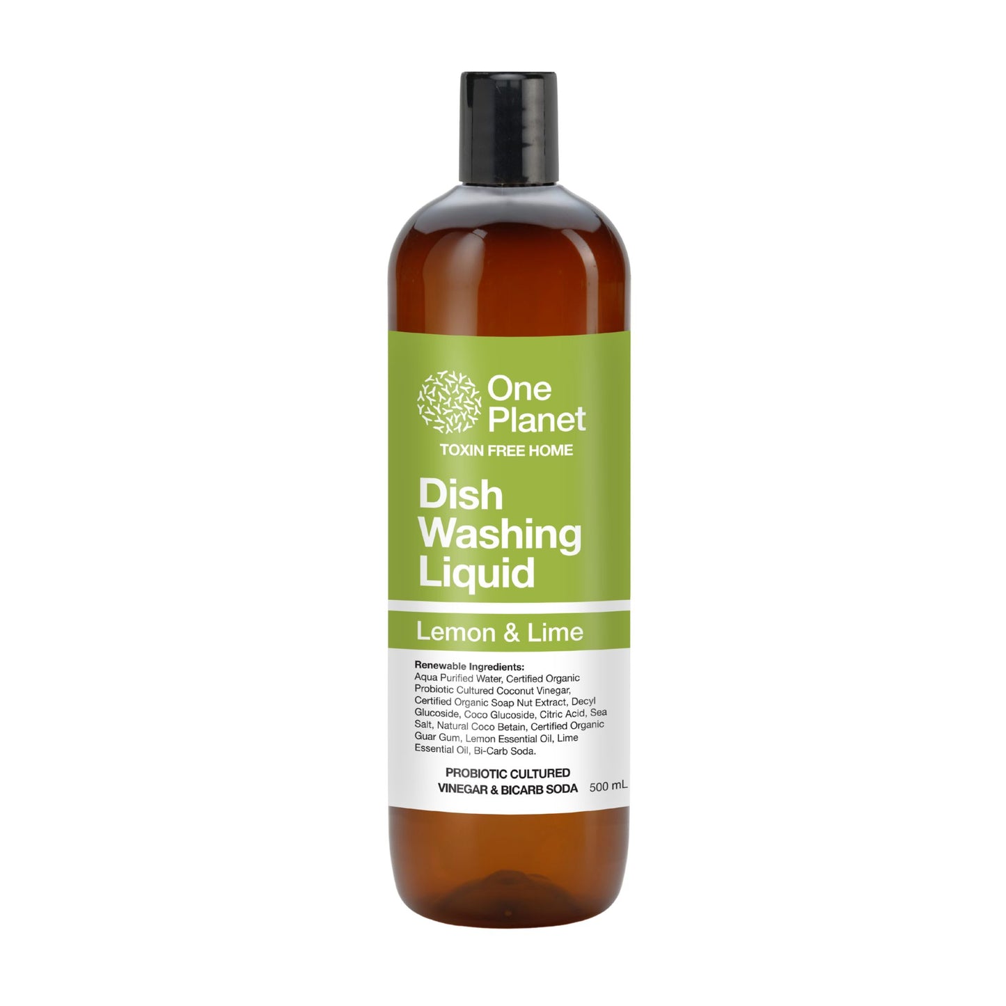 Bottle of One Planet Dish Washing Liquid with Lemon & Lime scent on a white background