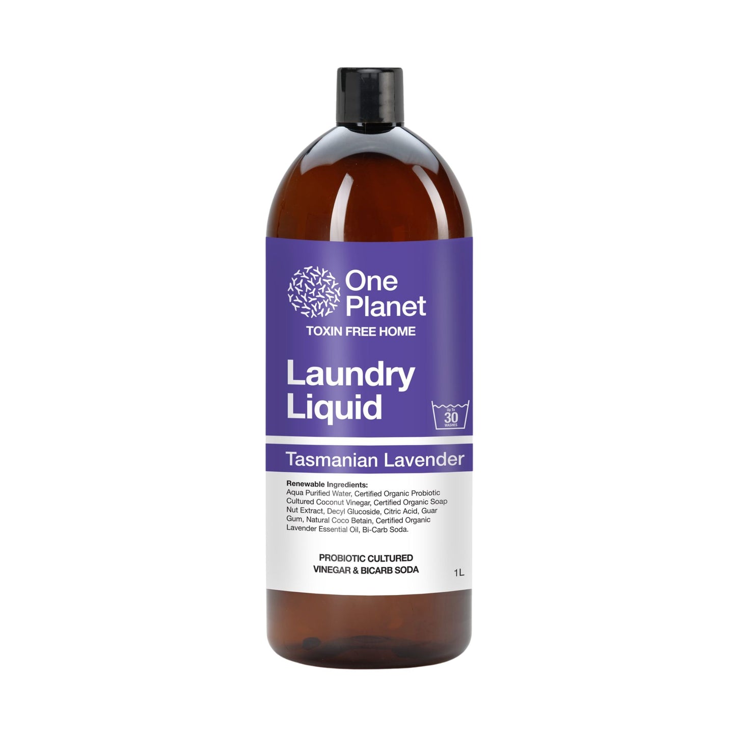 Bottle of One Planet Tasmanian Lavender laundry liquid on a white background