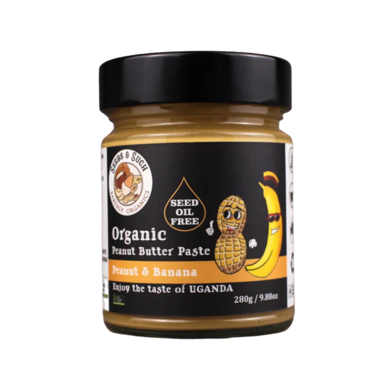 Organic peanut butter paste with banana, Ugandan-inspired flavour blend.
