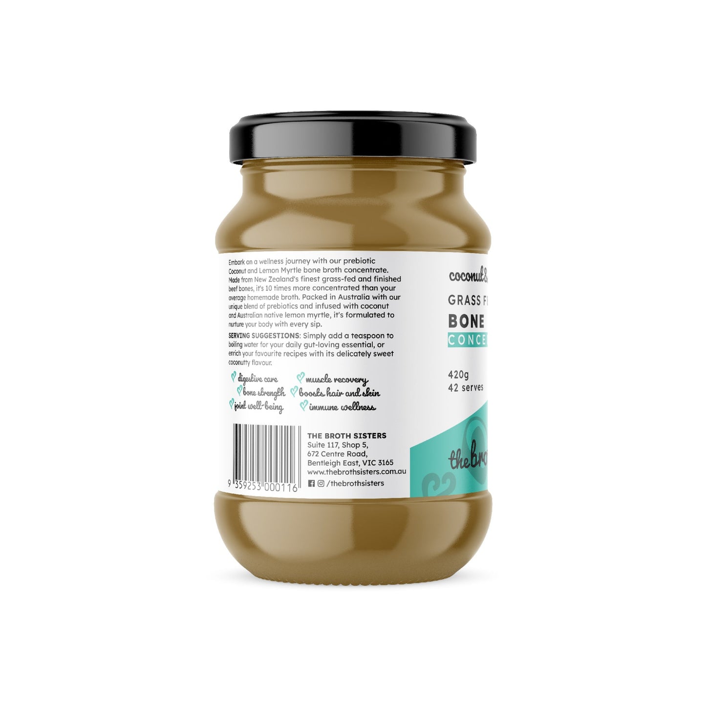 Prebiotic coconut & lemon myrtle bone broth concentrate, gut-friendly.