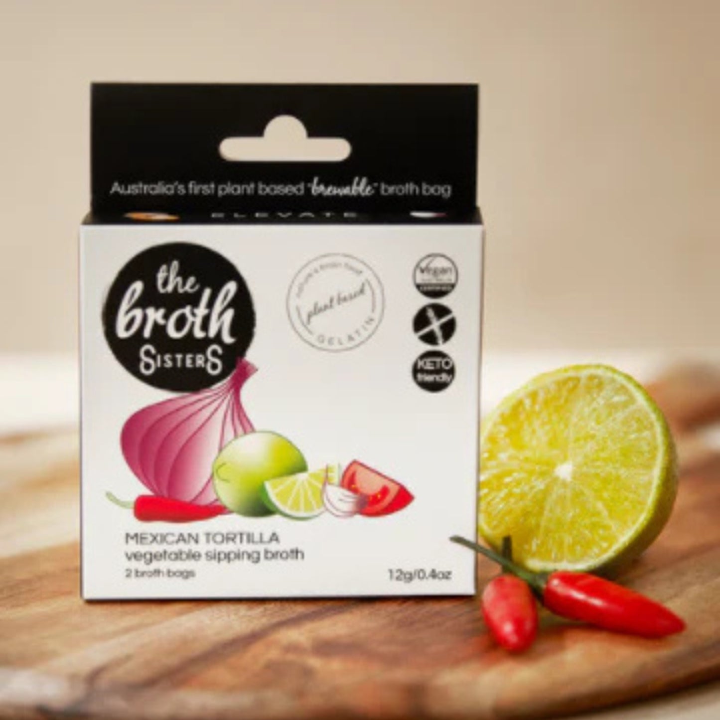 Plant-based Mexican tortilla broth with superfoods, easy to brew