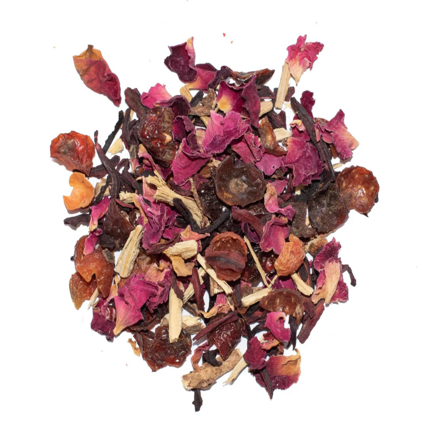 Organic wellness tea with rosehip, licorice, hibiscus, and rose petals.