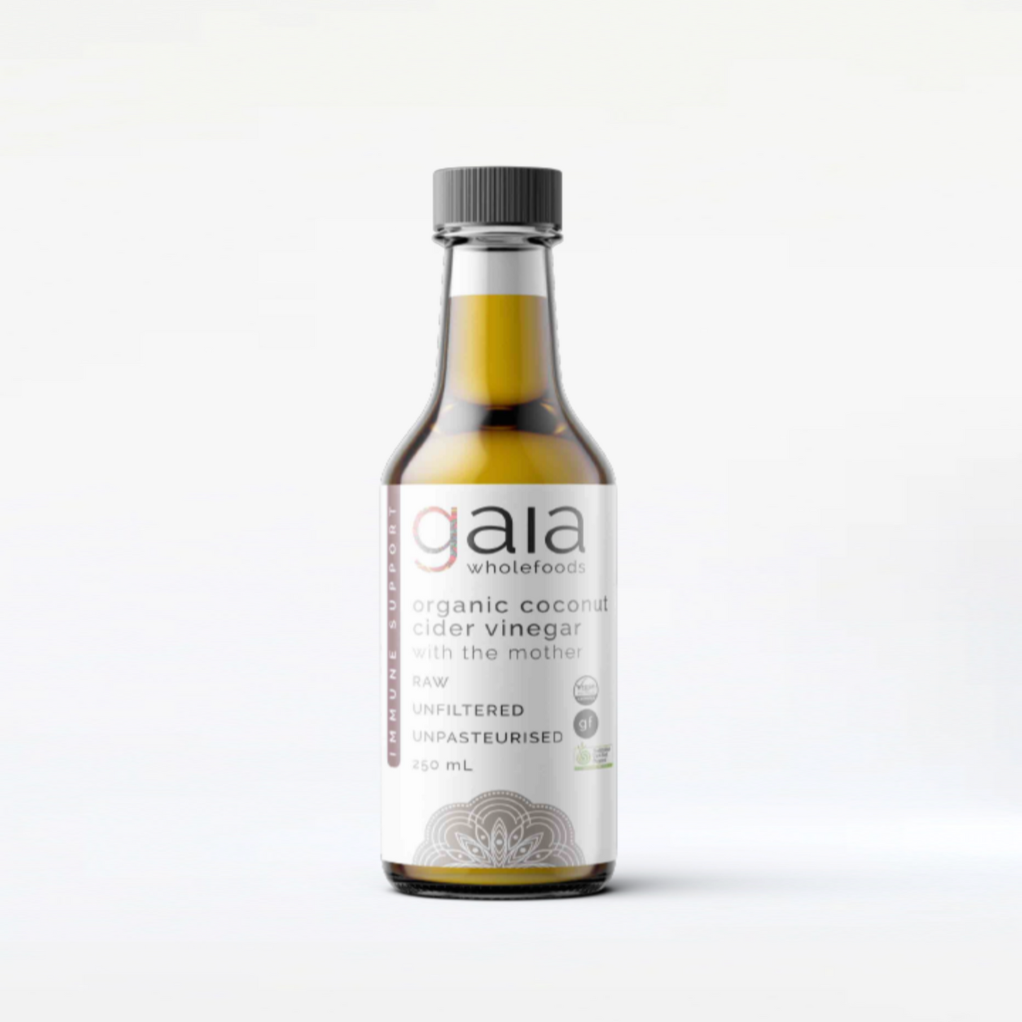 Organic coconut cider vinegar with the Mother, raw and unfiltered