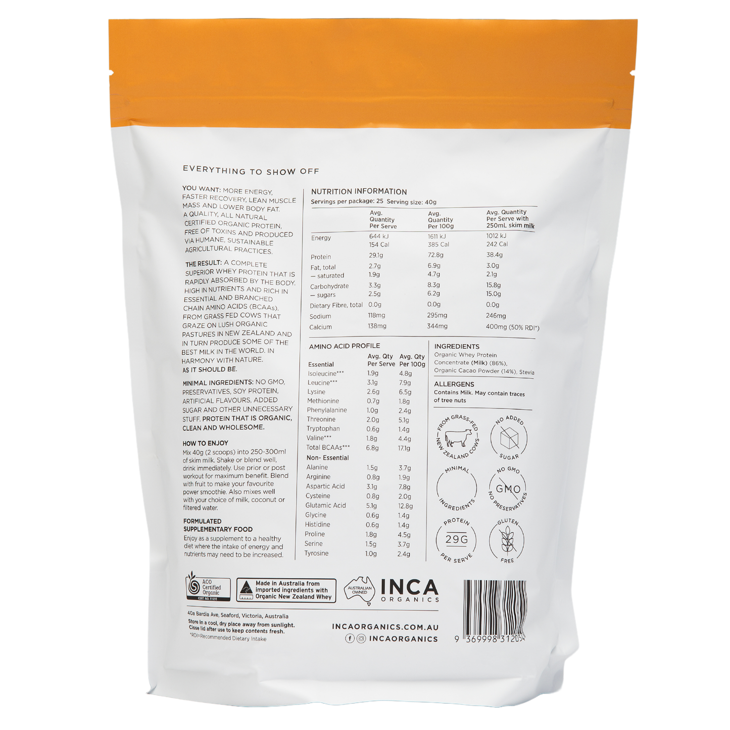 Back of a protein powder package with nutritional information and branding on a white background