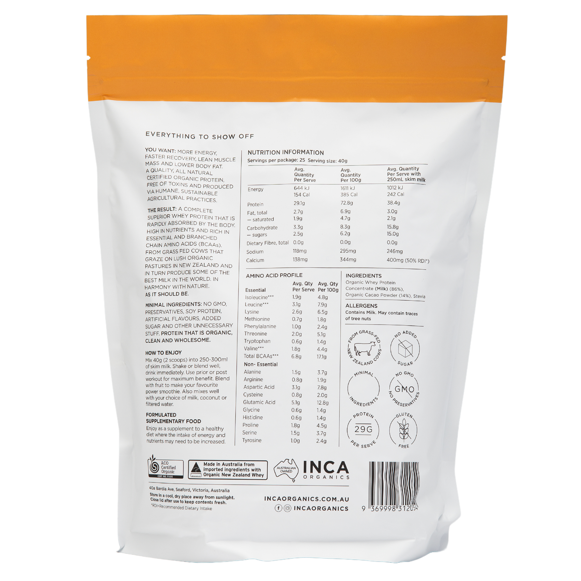 Back of a protein powder package with nutritional information and branding on a white background