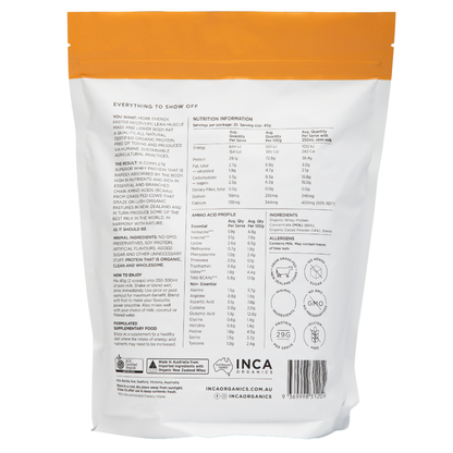 Back of a protein powder package with nutritional information and branding on a white background
