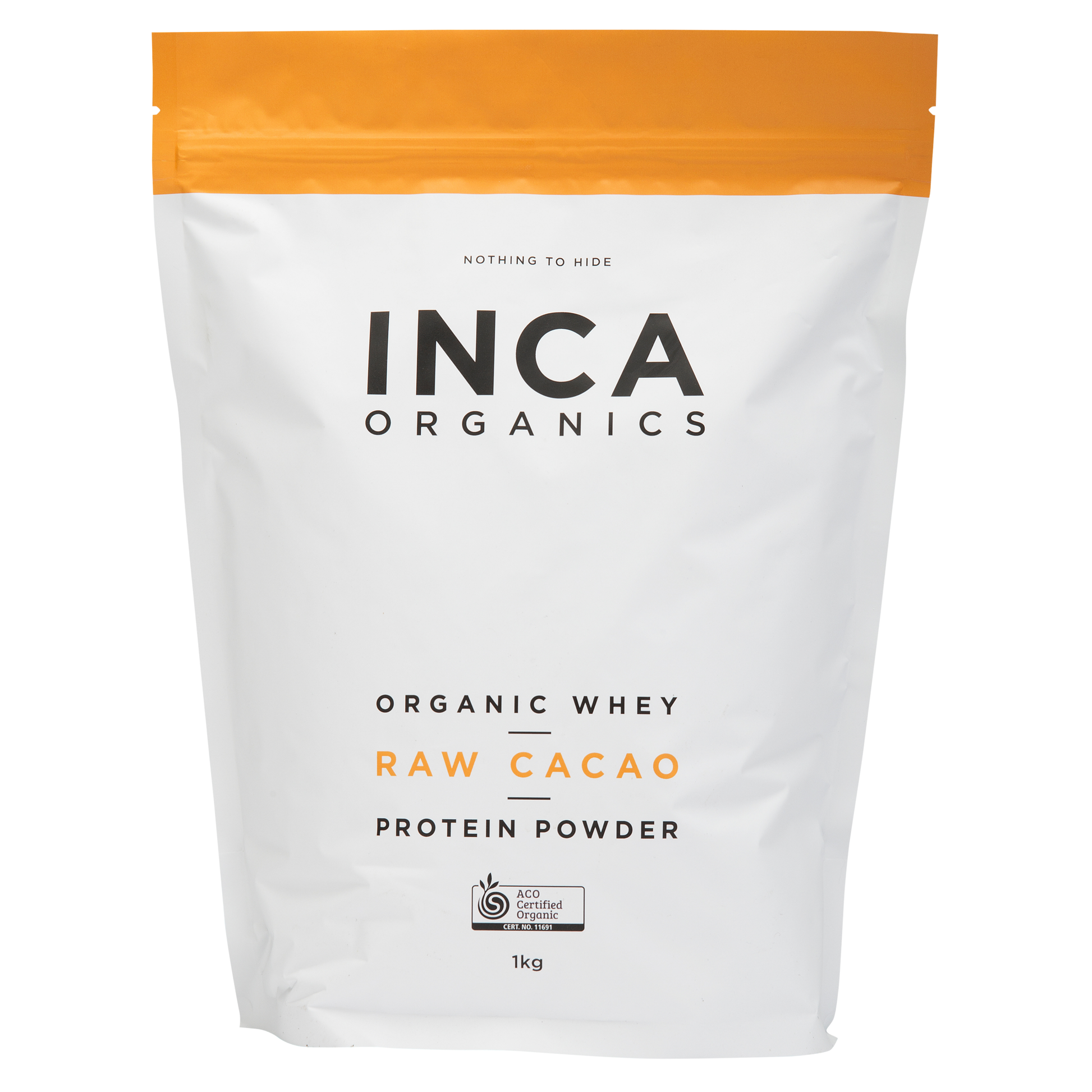 INCA Organics raw cacao protein powder package on a white background