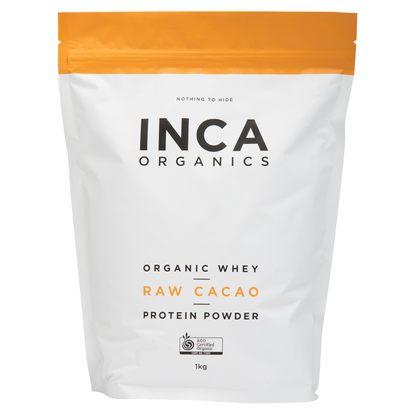 INCA Organics raw cacao protein powder package on a white background