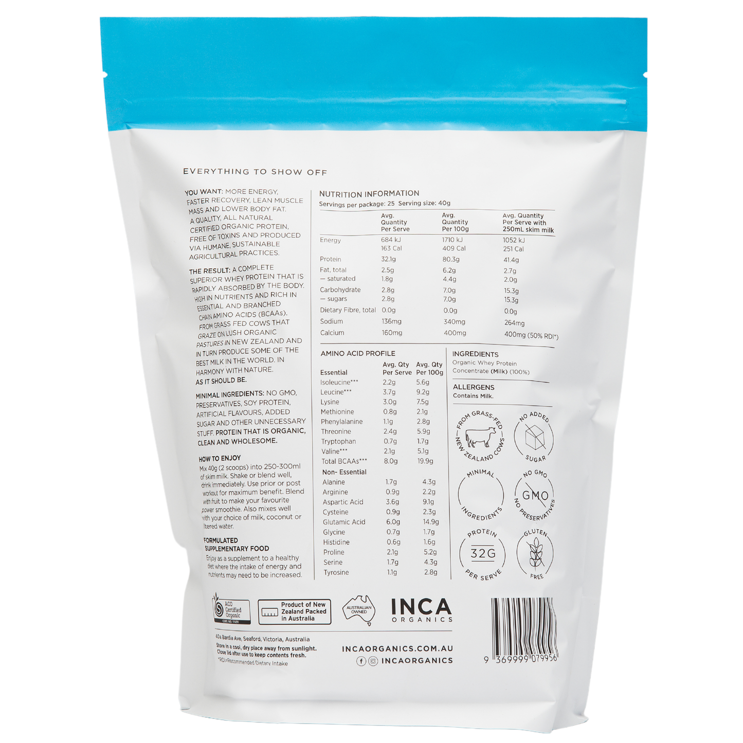 Back view of a white protein powder package with blue top, containing nutritional information and branding.