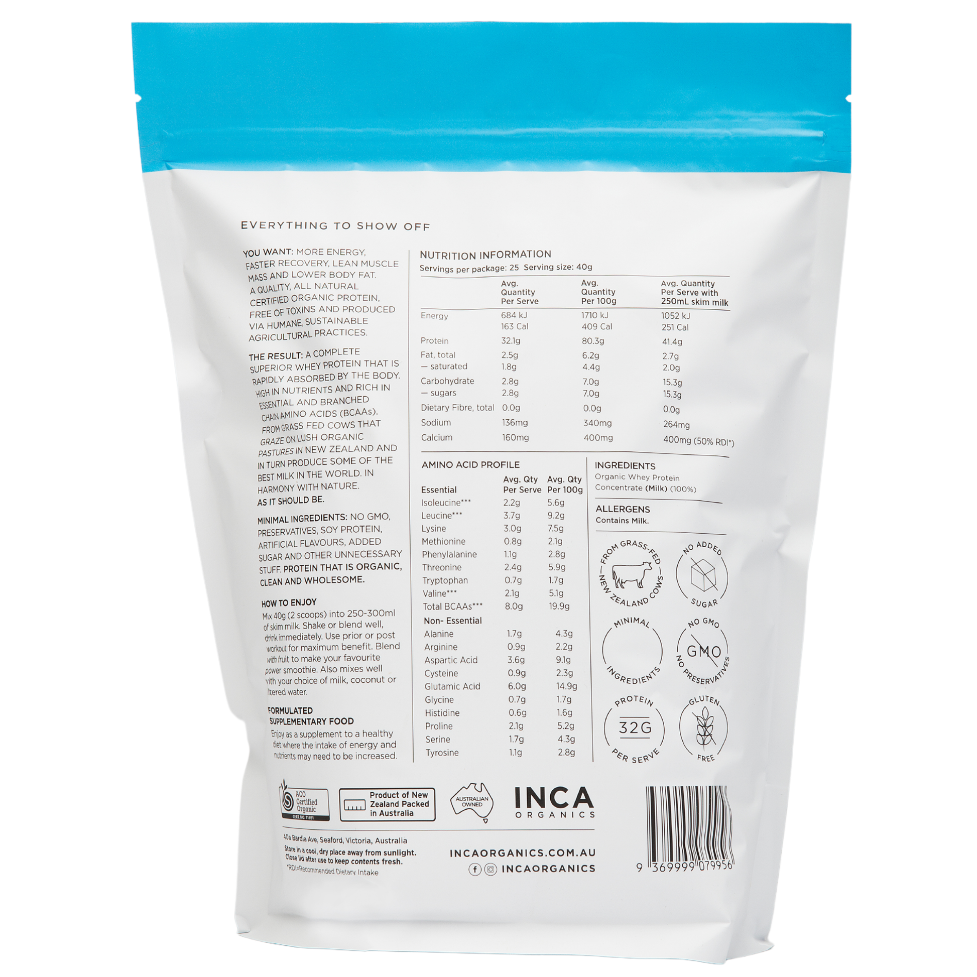Back view of a white protein powder package with blue top, containing nutritional information and branding.