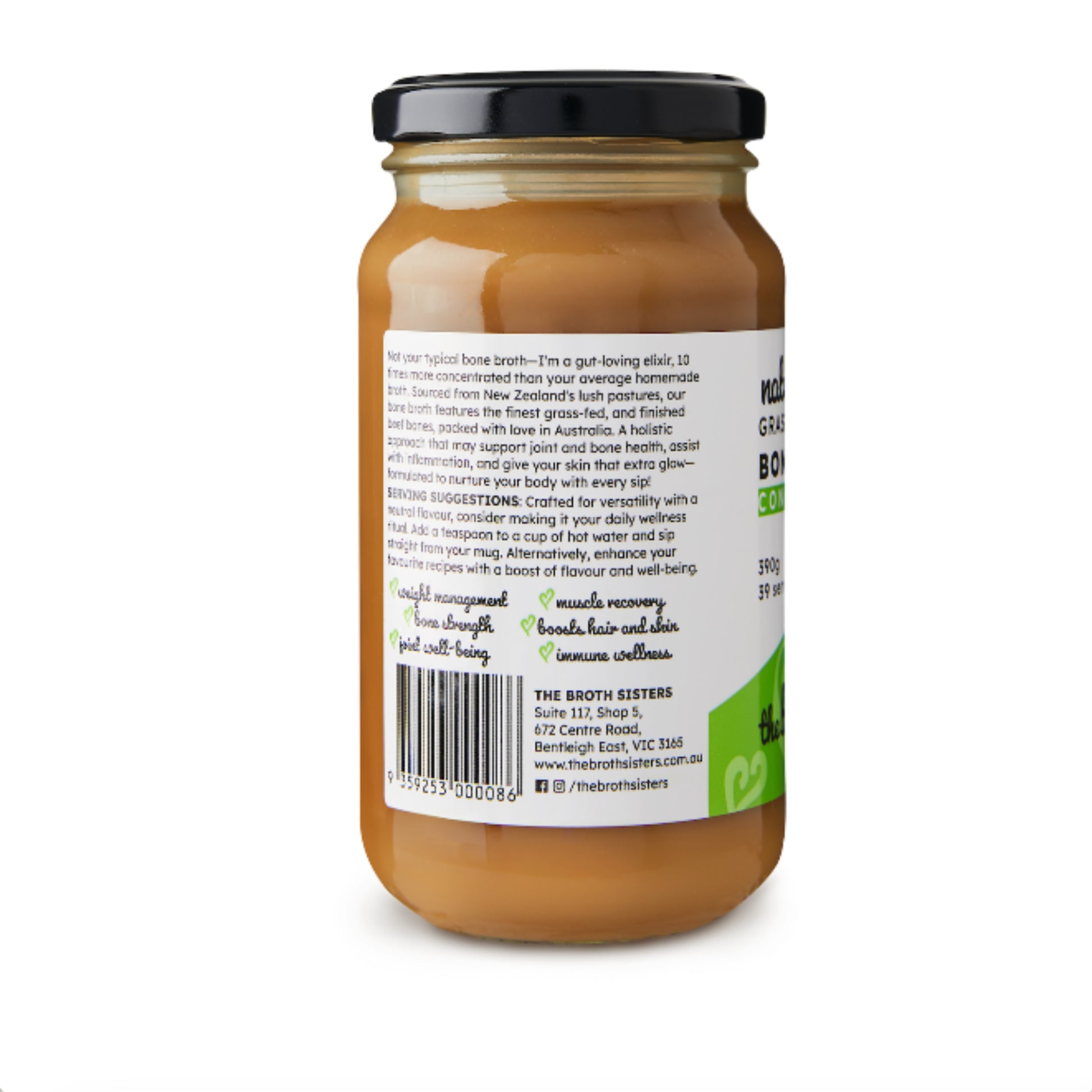 Natural beef bone broth concentrate, 390g jar, 39 serves, nutrient-rich.