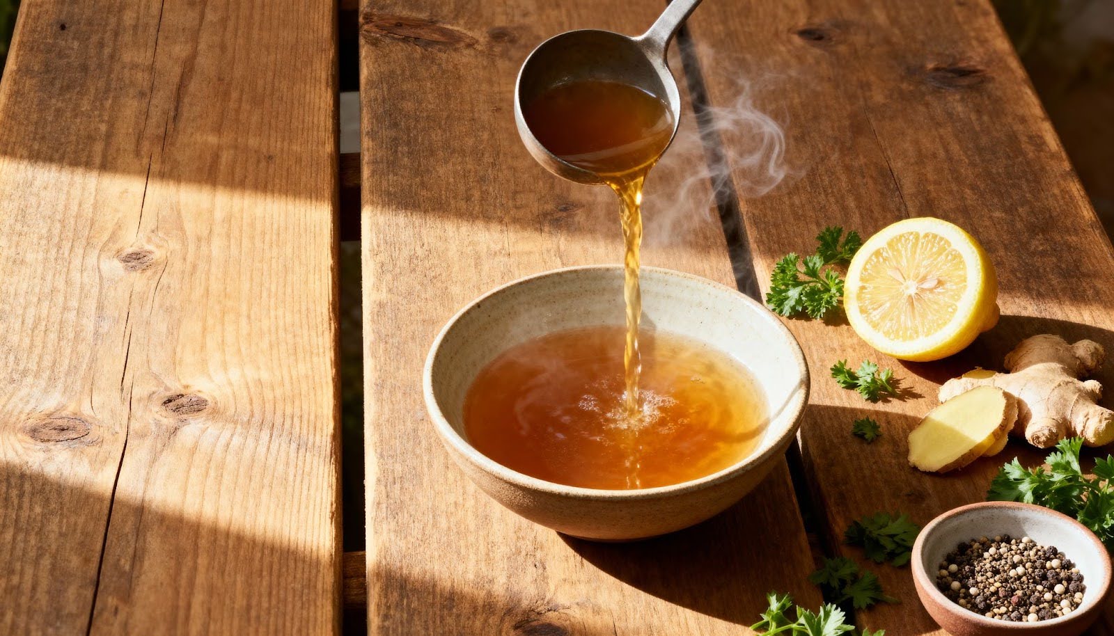 Hot bone broth being poured from a ladle into a bowl on a wooden surface with lemon and ginger.