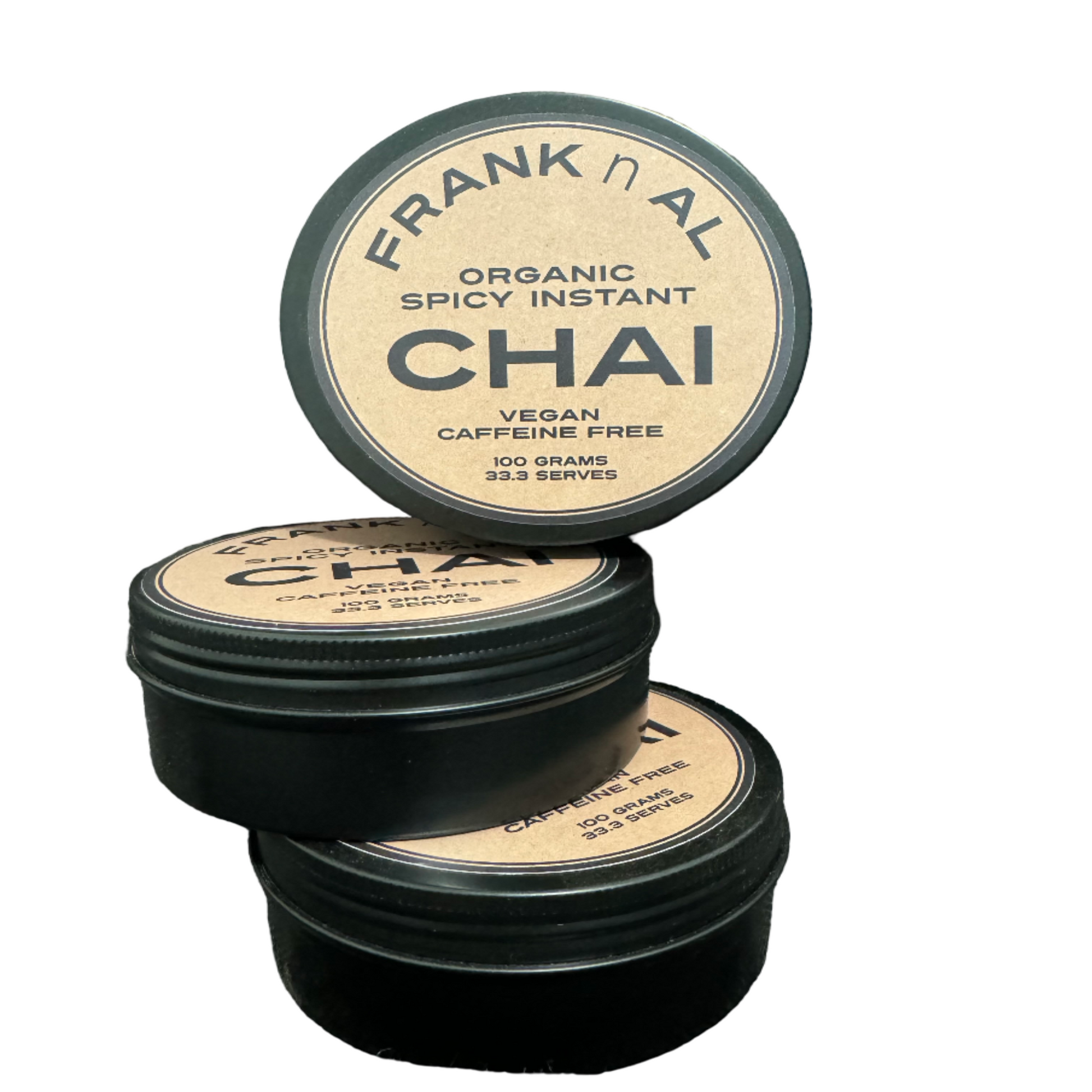Caffeine-free instant chai blend in refillable tin, 33 serves.