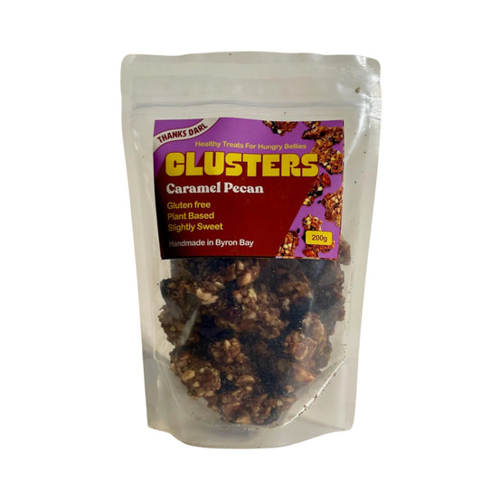 Caramel pecan clusters with pumpkin seeds, handcrafted in Australia.