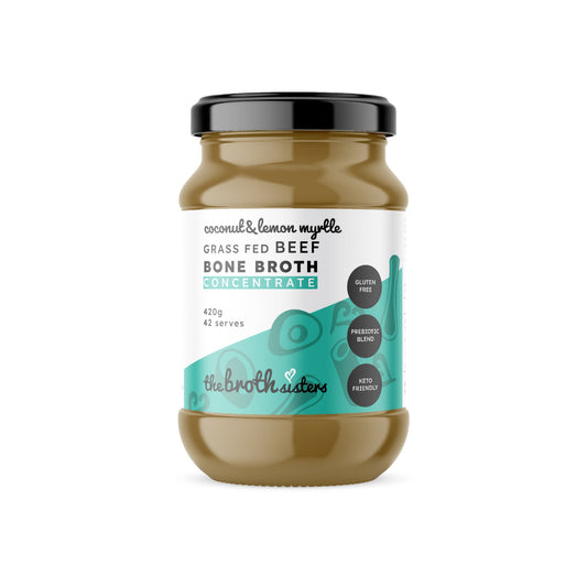 Prebiotic coconut & lemon myrtle bone broth concentrate, gut-friendly.