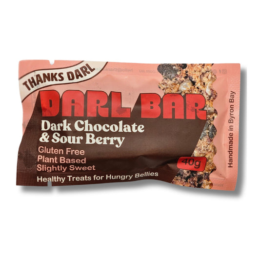 Dark chocolate & sour berry muesli bar, gluten-free and vegan-friendly.