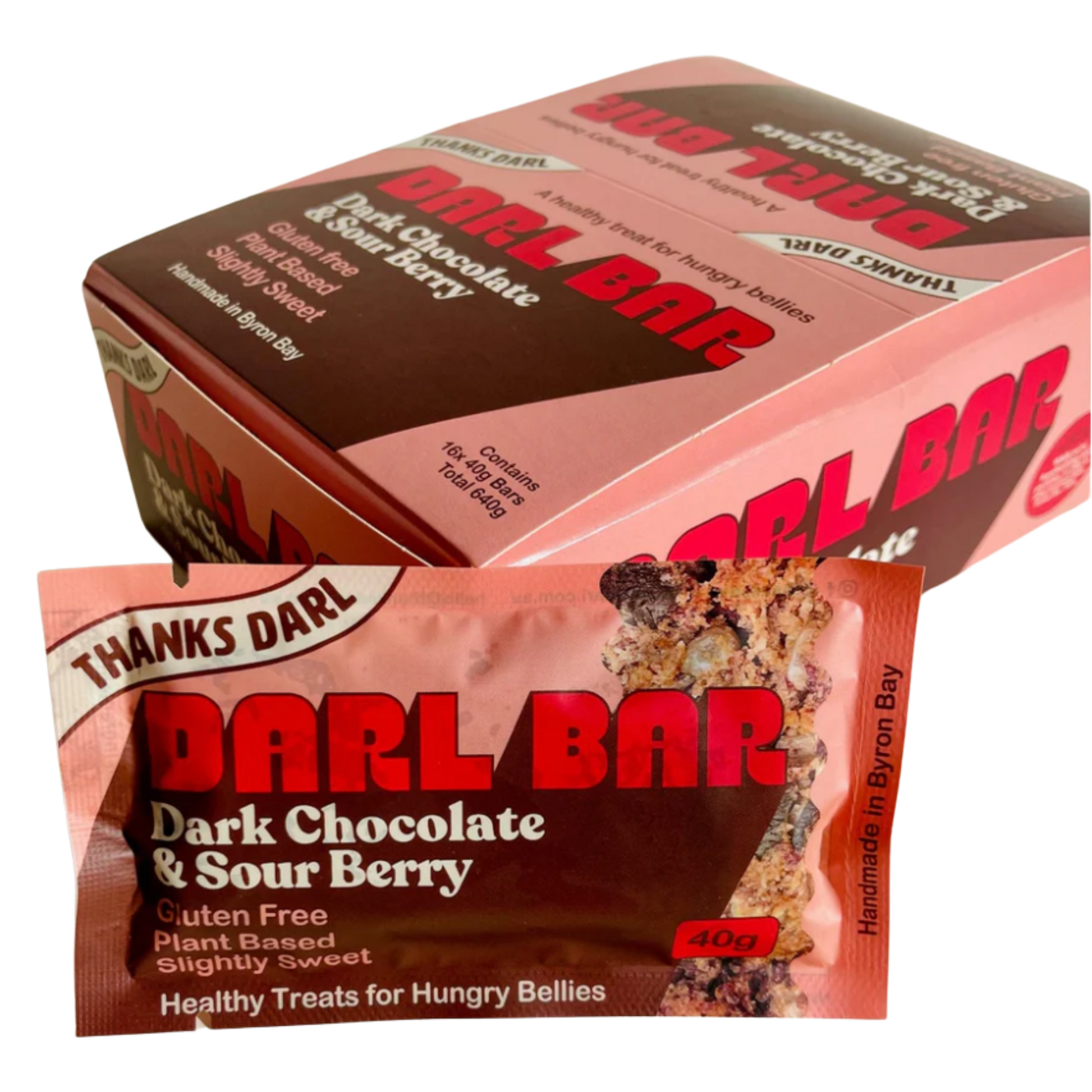 Dark chocolate & sour berry muesli bar, gluten-free and vegan-friendly.