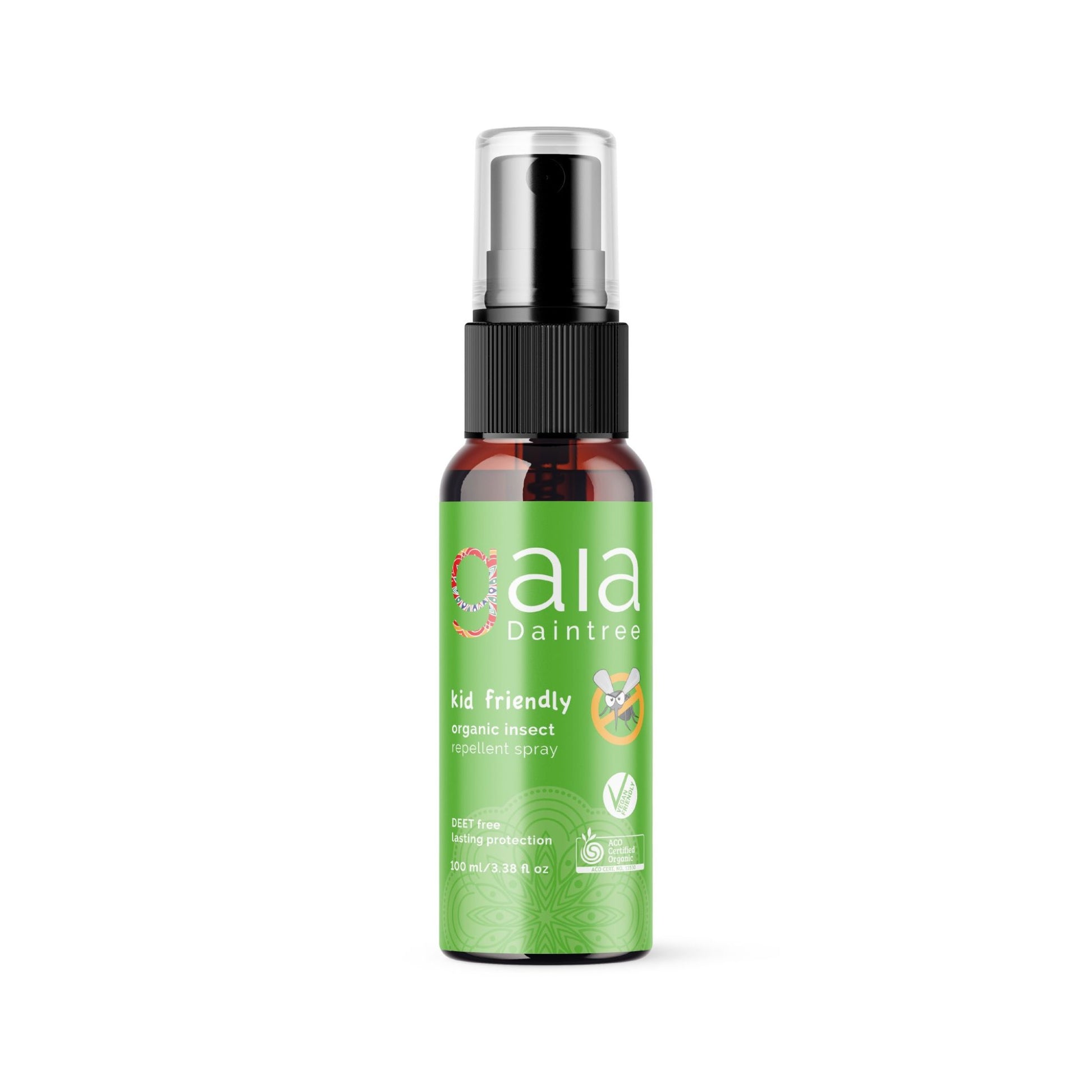 Gaia Daintree Kid Friendly organic insect repellent spray 100ml DEET free bottle on white background.