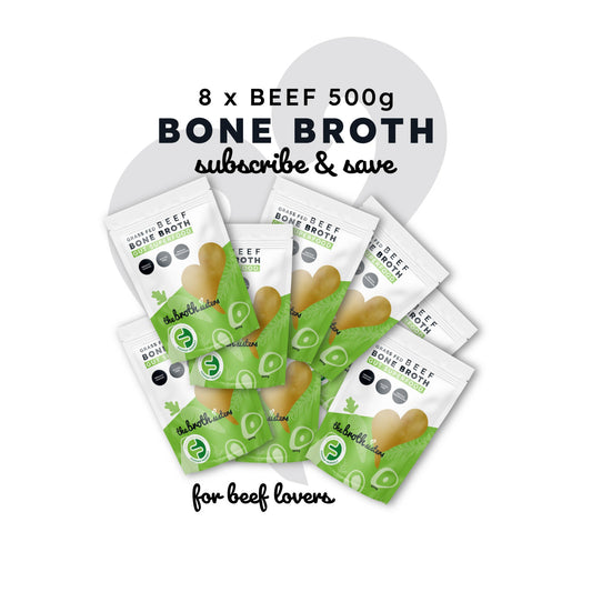 Grass-fed beef bone broth subscription, 8x500g pouches, Australia.