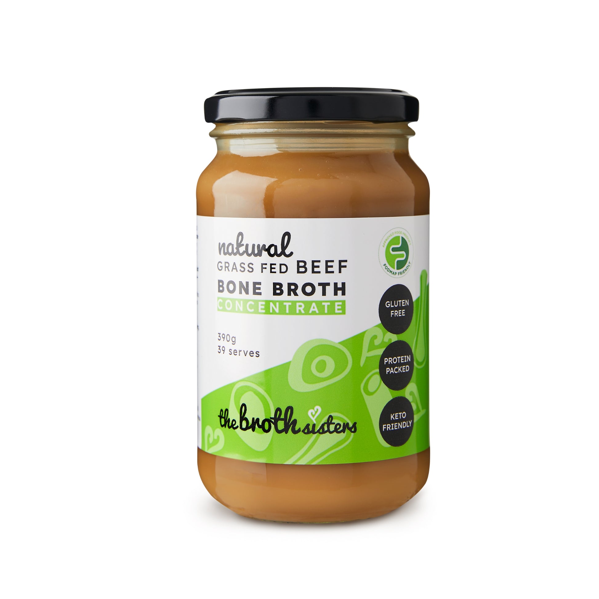 Natural beef bone broth concentrate, 390g jar, 39 serves, nutrient-rich.
