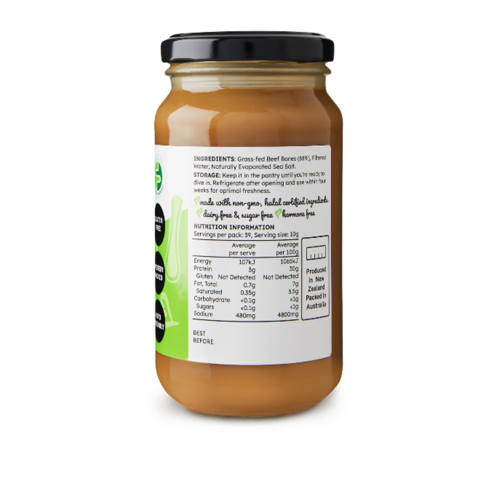 Natural beef bone broth concentrate, 390g jar, 39 serves, nutrient-rich.