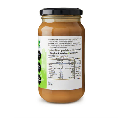 Natural beef bone broth concentrate, 390g jar, 39 serves, nutrient-rich.