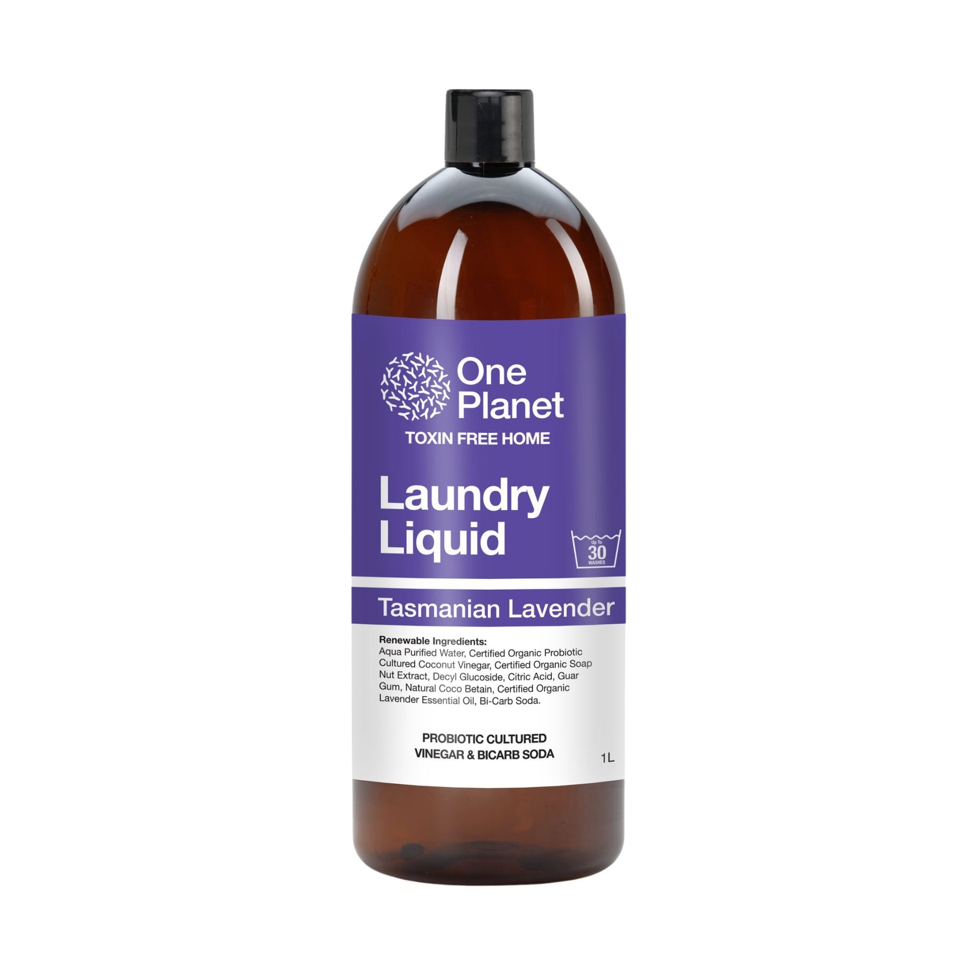Bottle of One Planet Tasmanian Lavender laundry liquid on a white background