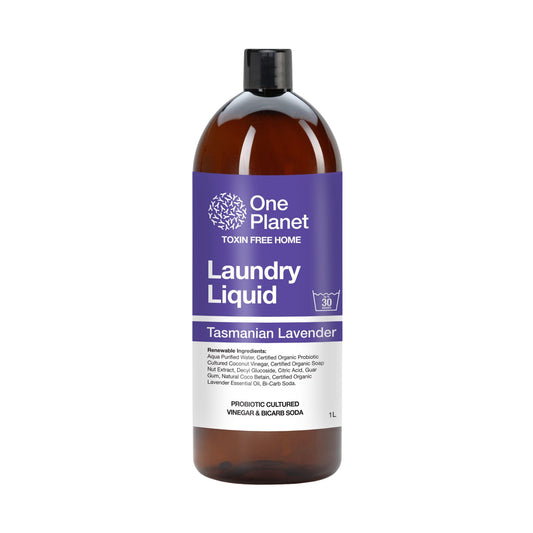 Bottle of One Planet Tasmanian Lavender laundry liquid on a white background