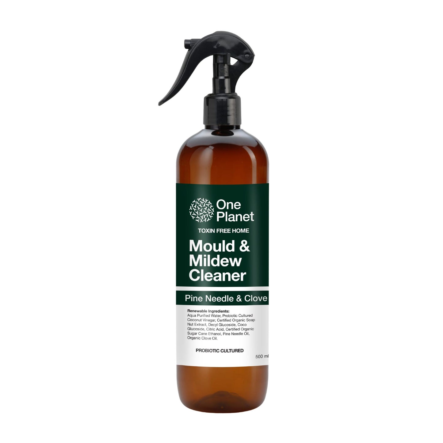 Mould and mildew cleaner bottle with 'One Planet' label on a white background