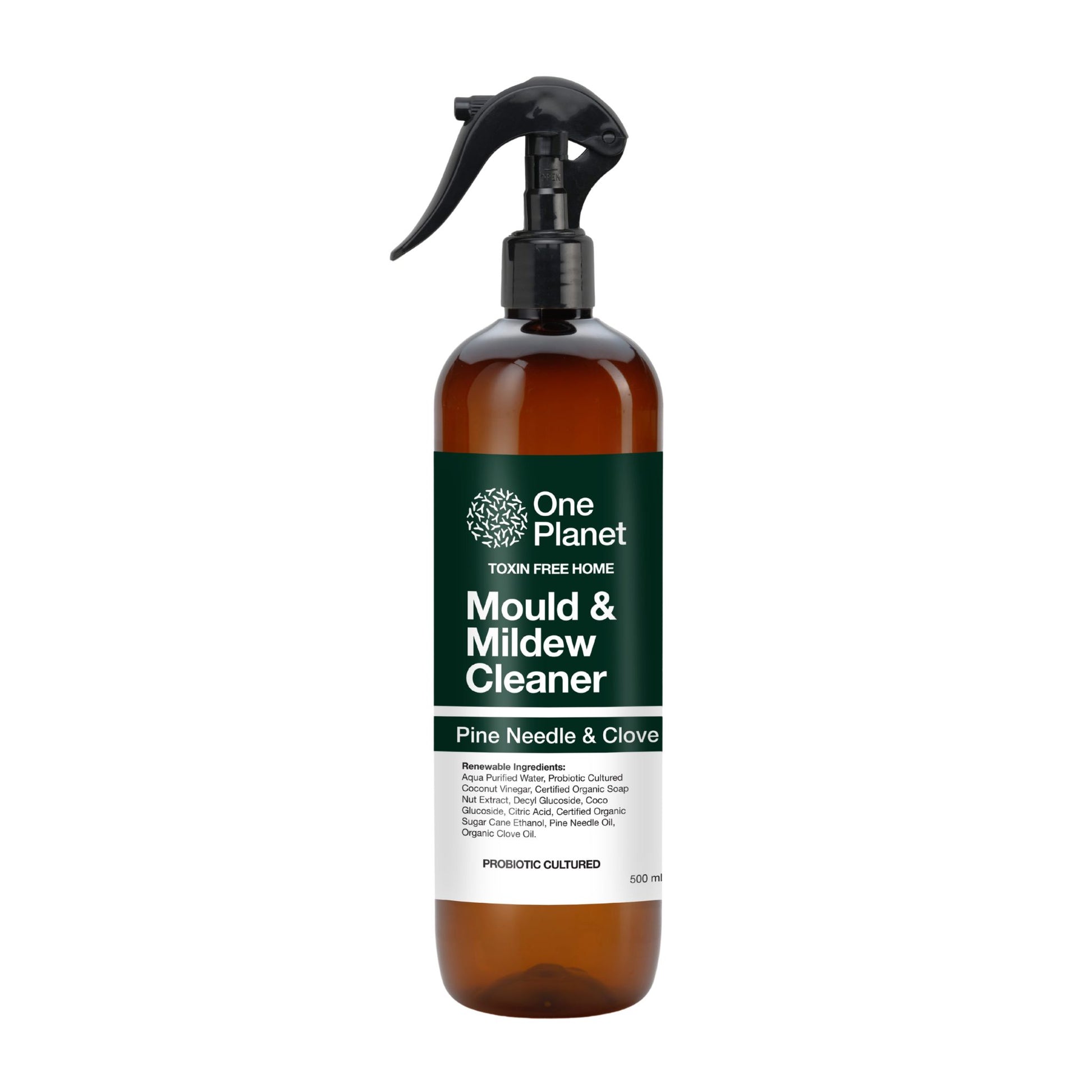 Mould and mildew cleaner bottle with 'One Planet' label on a white background