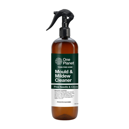 Mould and mildew cleaner bottle with 'One Planet' label on a white background