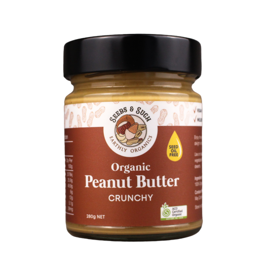 Organic crunchy peanut butter paste, rich flavour, no seed oils, vegan.