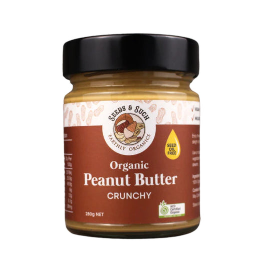 Organic crunchy peanut butter paste, rich flavour, no seed oils, vegan.