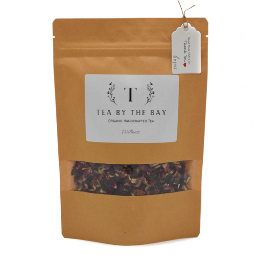 Organic wellness tea with rosehip, licorice, hibiscus, and rose petals.