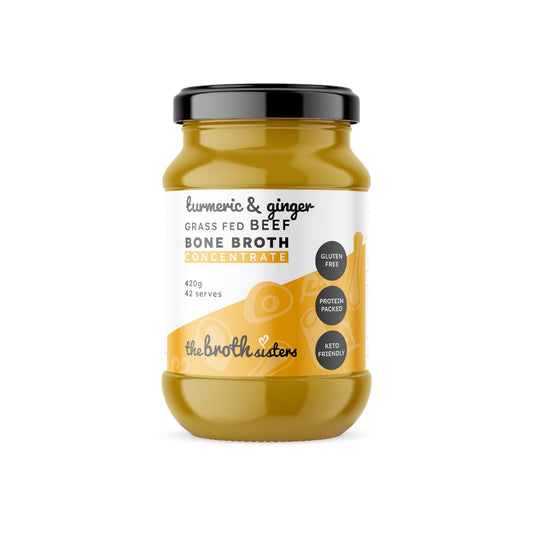 Turmeric and ginger-infused beef bone broth concentrate, grass-fed, 375g.
