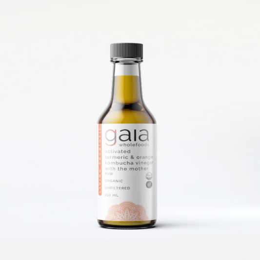 Organic kombucha vinegar with turmeric & orange, probiotic-rich elixir